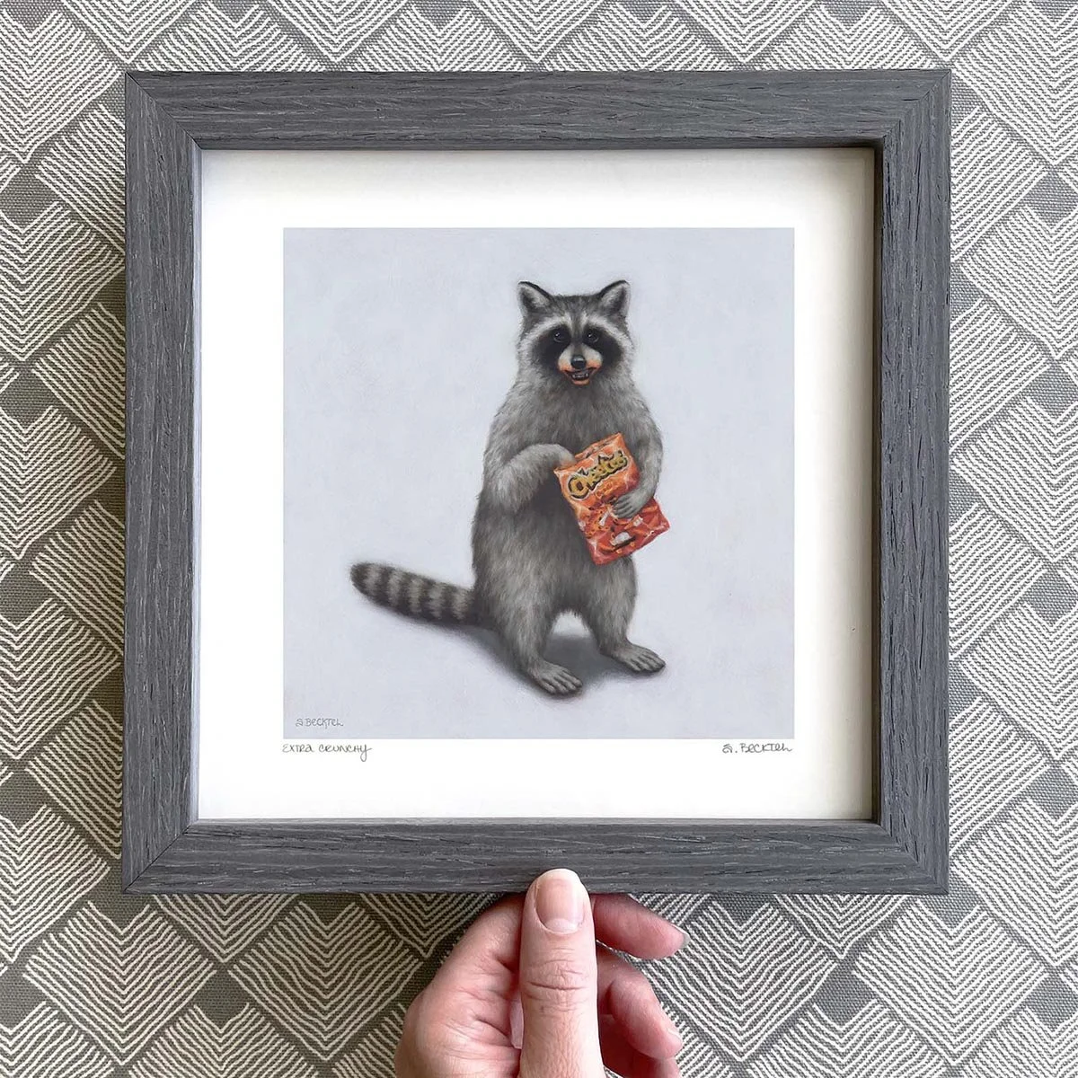 Raccoon eating cheetos art print — Sarah Becktel